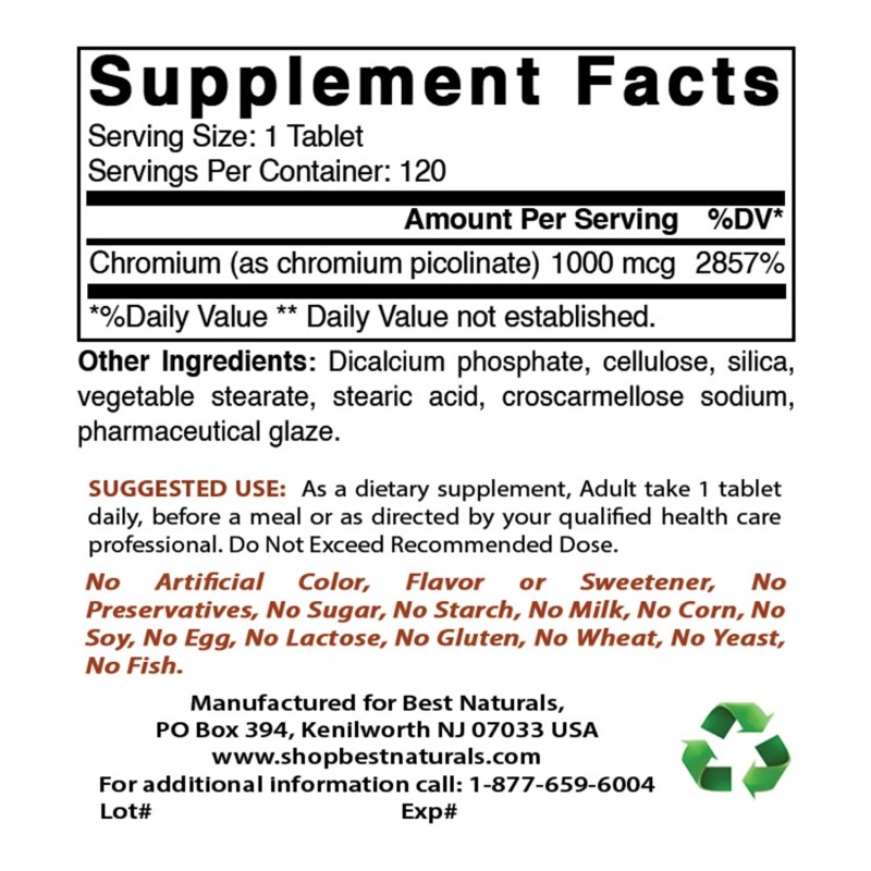 Best Naturals Chromium Picolinate 1000 mcg 120 Tablets