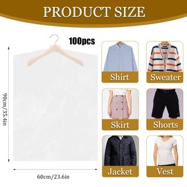 Succwoah 100 Pack Garment Bags for Hanging Clothes 35.4" Plastic Clear Garment Bags Dry Cleaner Bags Transparent Dust-proof Clothes Covers Bags for Closet Storage, Dry Cleaner, Travel