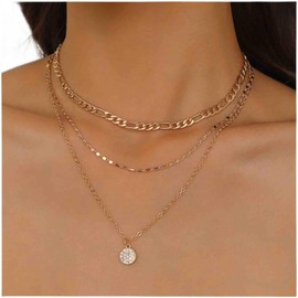 Cimenexe Bohemian Layered Circle Disc Pendant Necklace Gold Figaro Link Chain Necklace Paved Coin Necklace Flat Curb Chain Necklace Jewelry for Women and Girls