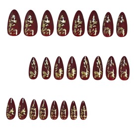 Dark Red Press on Nails Medium Almond False Nails with Gold Leaf Design Autumn Stick on Nails Glossy Wine Red Nails Reusable Full Cover Fall Thanksgiving Day Fake Nails for Women Manicure 24Pcs