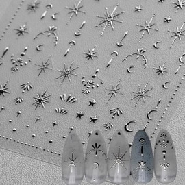 Moon Star Nail Art Stickers 3D Silver Nail Stickers for Nail Art Silver Moon Star Nail Decals Luxury Nail Art Design Silver Moon Star Nail Art Supplies for Women Girls DIY Manicure Decoration