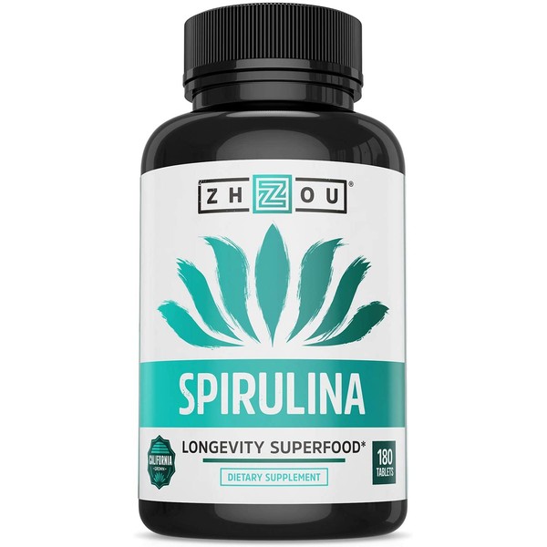 Zhou Spirulina Tablets | Sustainably Grown in California | Non-GMO | 30 Servings, 180 Count