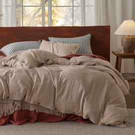 Bedsure Linen Duvet Cover Queen Size - Linen Cotton Blend Bedding Set, Soft & Cozy, 3 Pieces, 1 Duvet Cover 90x90 Inches and 2 Pillowcases, Taupe Color Cooling Bedding, Comforter Sold Separately