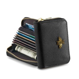 ZOOEASS Small Women RFID Wallet Credit Card Holder, Accordion Wallet Zipper Leather Card Case（Black）