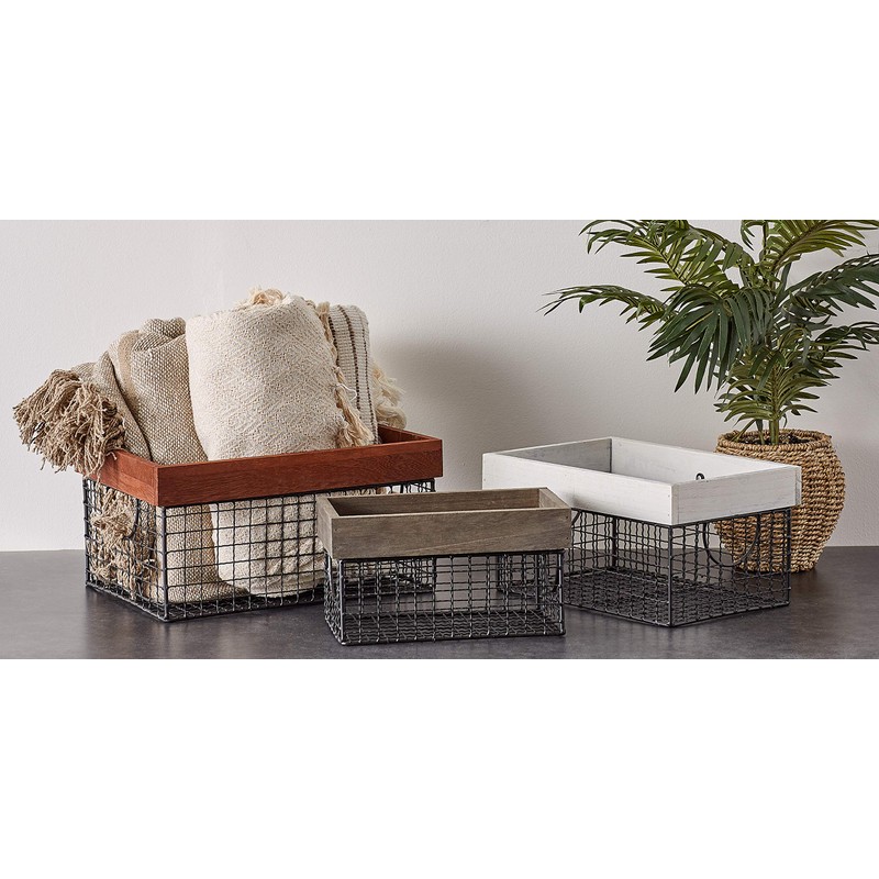 DII Farmhouse Wood Rimmed Wire Storage Basket Set, Silver, Assorted