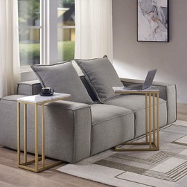 ROSEN GARDEN C-Shape Side End Table Set, Faux Marble Tray Snack Table with Metal Frame, Laptop Coffee Holder, Modern Furniture