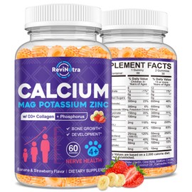 Calcium Potassium Magnesium Gummies for Kids & Adults, Magnesium Potassium Calcium Supplement for Kids, Sleep, Bone Strength, Density Support, Sugar Free, Juice Banana & Strawberry Flavor, 60 Gummies