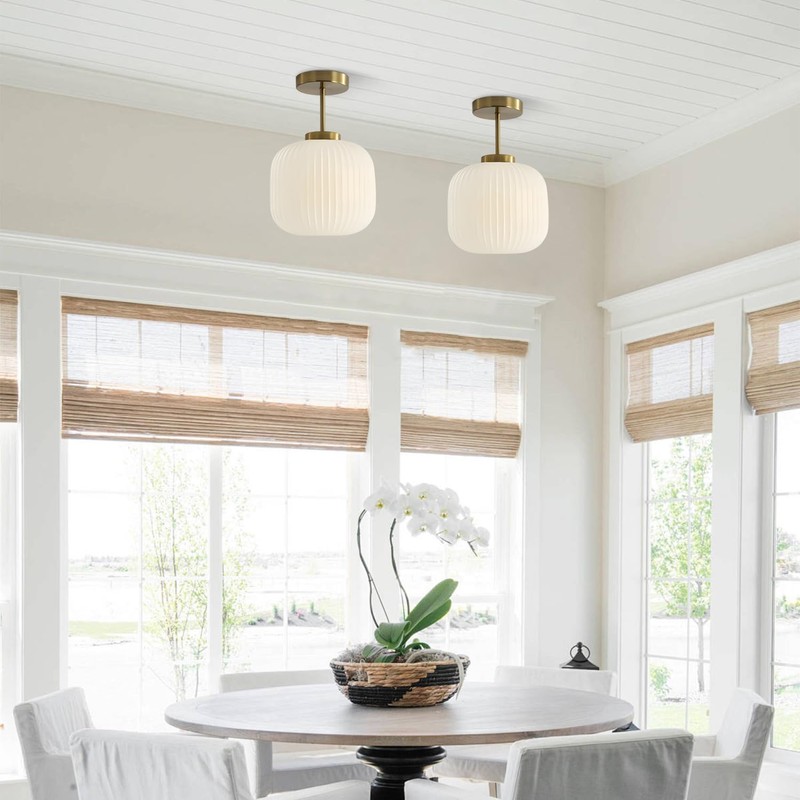 KCO Lighting Milk Glass Ceiling Light Fixture Ribbed Flush Mount
