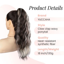 Claw Wavy Ponytail Extension 18 Inch for Women Curly Pony Tail Clip in Hair Extensions Fluffy Natural Looking Synthetic Hairpiece for Daily Use (Ash Brown with Platinum Blonde)