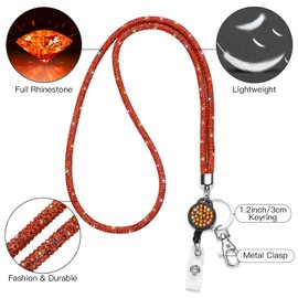 Soleebee Rhinestones Office Lanyard for Women, 31.5'' Bling Crystal Neck Lanyard with Retractable Badge Reel & Keyring (Orange)