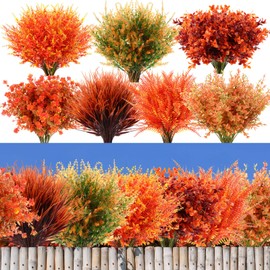 Zeyune 70 Bundles Artificial Fall Flowers for Outdoor Decoration Fake Autumn Plants UV Resistant Fall Plastic Flowers Faux Boston Fern Eucalyptus for Thanksgiving Garden Patio Porch Home Indoor Decor