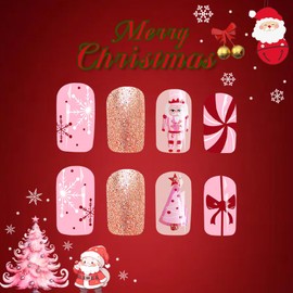 Christmas Press on Nails Short Square Fake Nails Pink False Nails with Snowflake Christmas Tree Designs Glitter Acrylic Nails Winter Xmas Glue on Nails Reusable Artificial Nails for Women 24Pcs