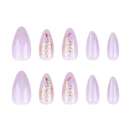 KaleidNail Nude Almond Press on Nails 24 PCS Glossy Purple Glitter False Nails Medium Length Fake Nails Full Cover Stick on Nails Art for Women and Girls Daily Decoration