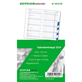 Calendar Replacement Insert 2024 - for Pocket Planner Type 530-8.8 x 15.2 cm - 1 Month on 2 Pages - Register Cut - Separate Address Book - Notebook - 530-6198