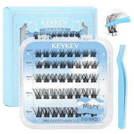 KevKev Self Adhesive Eyelashes 40Pcs Press On Lashes No Glue Needed Self Adhesive Lash Clusters Reusable Pre-Glued Eyelashes with Tweezers DIY Lash Extension Kit for Beginners (Misty, D-10-18mm)
