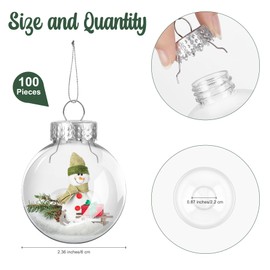 ANVAVO 100 Pieces 2.36 Inch Christmas Round Clear Plastic Ball Ornaments Bulk Removable Top Transparent Hanging Ornaments Ball DIY Fillable Clear Baubles for Xmas Tree Home Party Decor