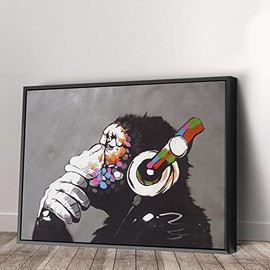 Banksy DJ Monkey Gorilla Chimp - Canvas Wall Art Home Decor (18in x 12in Modern Black Framed)