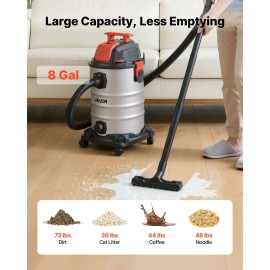 Vevor 8 Gallon Wet Dry Shop Vac 6 Peak HP 900W Input Power 1.25in X 7ft Hose One-Button Self-Cleaning Dual-Filter 6 Wet Drymaterial: Metal, size: 1.25in X 7ft Hose