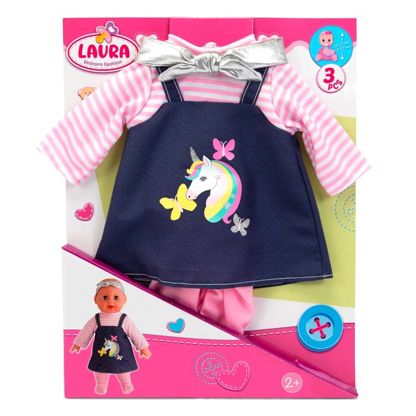 Simba 105400510 Laura Unicorn Fashion, 3 Pieces, Dress with Glittering Unicorn Print, Headband and Tights for 36-43 cm Dolls, from 2 Years