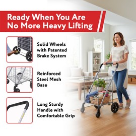dbest Products Cruiser Cart Deluxe 2 - Foldable Shopping Cart with Wheels for Groceries - Heavy Duty Utility Cart with Brake System - Collapsible Laundry Cart - USA Designed - Holds 100 lbs - Silver