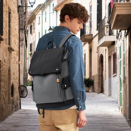 FOLOVEYA Mens Backpack 15 Inch Laptop Backpack with USB Charging Port Anti Theft Travel Knapsack College Rucksack for Work School Camping Waterproof Polyester Casual Daypack Dark Gray