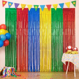 Party Foil Fringe Curtains 2 Pack Metallic Tinsel Backdrop for Photo Booth, Door Wall Streamers,3.28 x 7.05 ft (Green Red Blue)