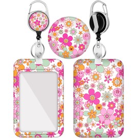 Plifal Badge Holder with Retractable Reel, Boho Y2K Flowers Smile Face ID Name Tag Work Badge Clip Heavy Duty Vertical Card Protector Cover Case for Work Nurse Medical Student Teacher Women