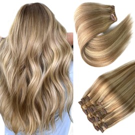 Clip in Hair Extensions, Golden Blonde with Light Blonde Highlights Remy Hair Extensions Clip in Real Human Hair 7 Pcs 70G Clip in Extensions 20 Inch Double Wefts Hair Clip ins for Fine Hair Women