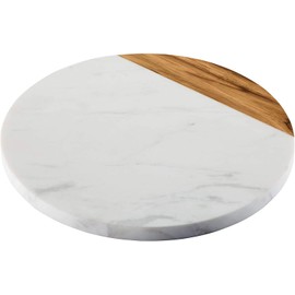 KC KULLICRAFT Pantryware Round White Marble/Teak Wood Serving Board, 10-Inch
