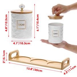 JUXYES Set of 3 Ceramic Canisters Set for Sugar Coffee Tea With Handle Tray, Luxurious Storage Containers Sets with Lids Decorative Storage Pots White Ceramic Storage Jar for Kitchen Dining Counter