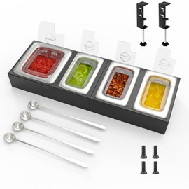 Pizza Topping Station for Grill Prep Stand Table, Condiment Containers with Clear Lids for Pizza Oven Cart Accessories, 23.5 Inches Length Stainless Steel Seasoning Food Containers w/4 Pcs Spoons