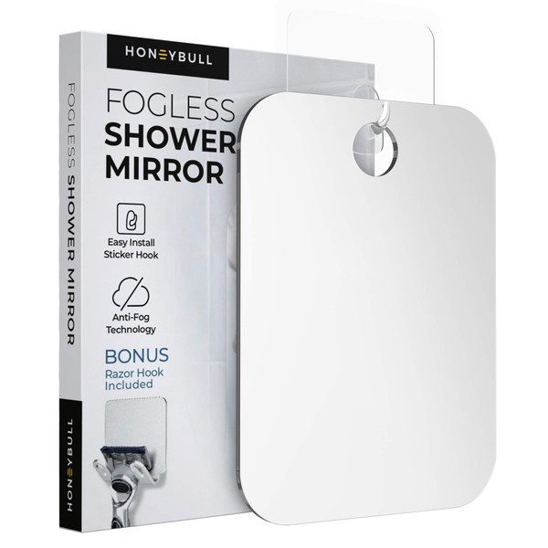 HONEYBULL Shower Mirror Fogless for Shaving - (Medium 6x8in) Flat Anti Fog Mirror with Razor Holder for Shower, Mirrors, Shower Accessories, Bathroom Mirror & Accessories, Holds Razors for Men