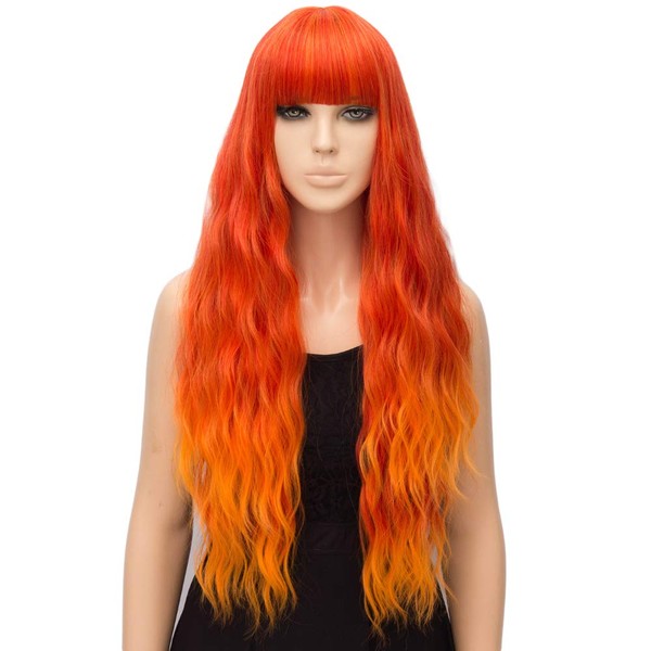 netgo Orange Fire Wig for Women Long Wavy Heat Resistant Fiber Wigs Side Bangs Cosplay Party