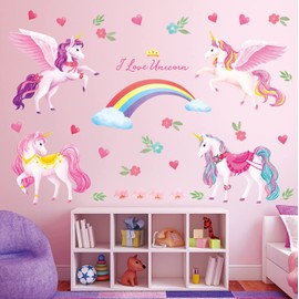 DECOWALL DS9-8072 Rainbow Wall Stickers Unicorn Rainbow Clouds Colorful Wall Decals Baby Nursery Girls Bedroom Living Room Wall Décor Removable