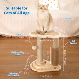 Made4Pets Cat Scratching Post, Cat Self Groomer for Indoor Cats, Cloud Soft Perch for Rest, 17.5" Tall Natural Sisal Scratcher Cat Grooming Interactive Ball Track Toys