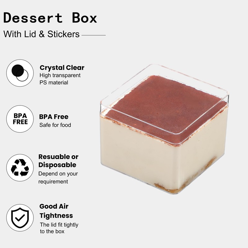 FZJ 50 Pack 15OZ Square Clear Plastic Dessert Cups with