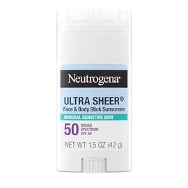 Neutrogena Ultra Sheer Dry Touch SPF 50 Mineral Sunscreen Stick for Sensitive Skin, Zinc Oxide, Body & Face Sunscreen with Vitamin E, No White Residue