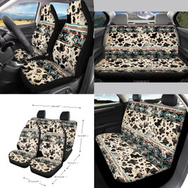 Finagallathe Aztec Cow Print Car Seat Cover Sets Full Set Universal Car Front Back Seat Cover Safety Belt Pads Rear View Mirror Protector Trash Can Cup Cushions for Truck SUV Sedan