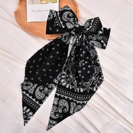 Black Bandanna Bow Hair Barrettes for Women Large Bandanas Satin Hair Bows Clips Hairpins Bandanna Pattern Bows Oversized Aesthetic Boho Hair Accessories for Women