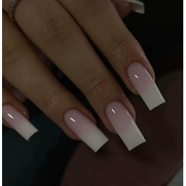24PCS Pink White Ombre Press on Nails – Long Coffin French Tip Fake Nails – Gradient Full Cover Stick on Nail Set – Eco-Friendly ABS Material – 12 Sizes with Accessory Tools – Easy to Apply for Women