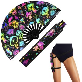 FairySandy Large Rave Fan UV Glow Hand Fan with Holster for Men/women, Disco Party Favor for Edm Music Festival Club Rave Accessories(Reflective Mushroom)