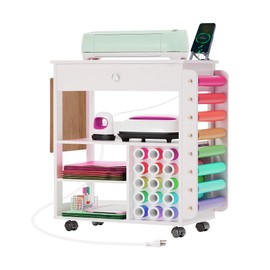 Vicani Craft Cart Organization and Storage Craft Table Compatible with Cutting Machine Heat Press Table with Sockets Crafting Cabinet Table Workstation with Vinyl Roll Holder