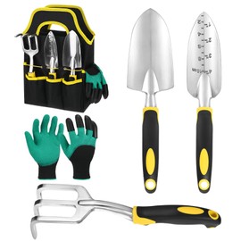 M METERXITY 5-Pack Garden Tool Set, Gardening Gifts for Women, Mom, Men, Gardening Tools with Soft Rubberized Non-Slip Handle Storage Tote Bag [Yellow]