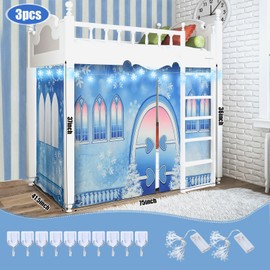 Hahafelt Loft Bed Tent Curtain Set for Low Twin,Bunk Bed Curtains Princess Play Tent with Enchanting Snowflake Lights Winter Party Decoration for Indoor & Outdoor Play