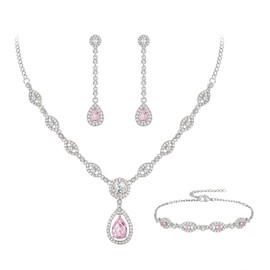 EVER FAITH Bridal Jewelry Set Stunning Teardrop Cubic Zirconia October Birthstone Necklace Bracelet Earrings Set for Woman Pink Silver-Tone