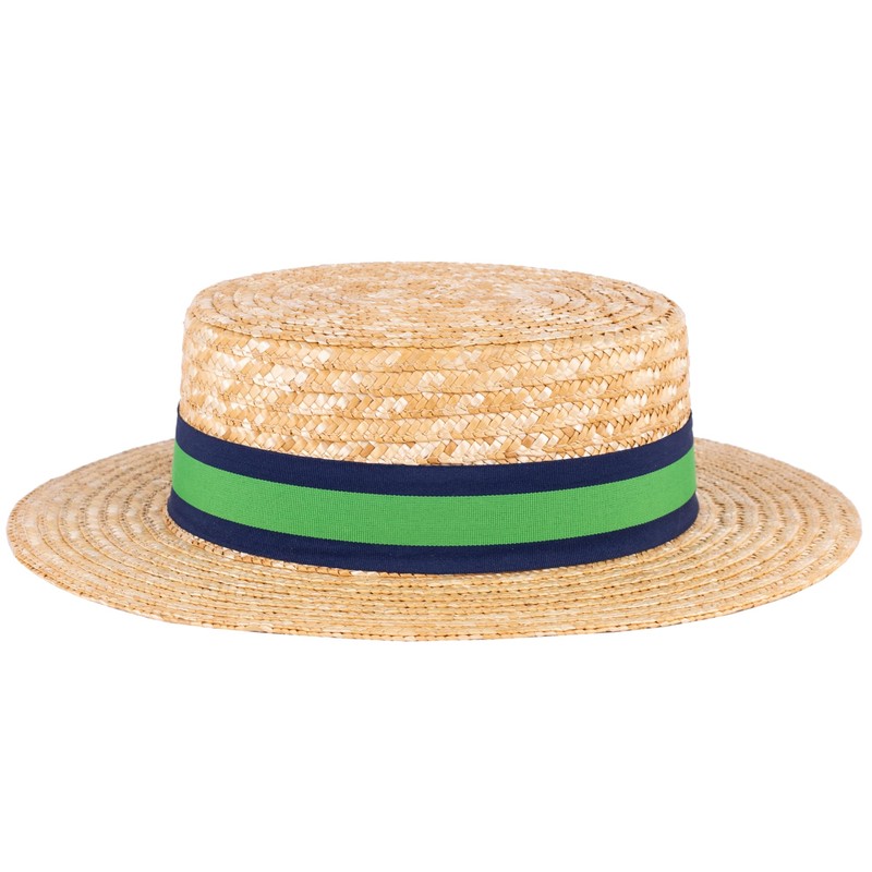 ZAKIRA Classic Straw Boater Hat Handmade from Natural Straw (Navy-Green-Navy