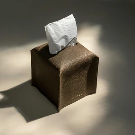 OLETHA Square Tissue Box Cover - Aesthetic Desk Decor for Room, Home & Office - Tissues Cube Boxes Holder - Tan Gray