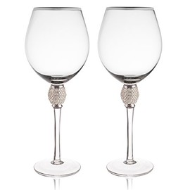 Trinkware Set of 2 Wine Glasses - Rhinestone "DIAMOND" Studded With Silver Rim - Long Stem, 16oz, 10-inches Tall - Elegant Glassware And Stemware