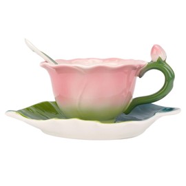 Philo Fun Pink Rose Floral Teacup and Saucer Set for Women, 5.6 Oz Enamel Porcelain Rose Flower Shaped Tea Cup with Spoon