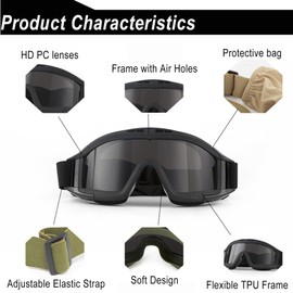 T TOVIA Safety Glasses with 3 Replacement Lenses, Anti-Fog & UV-Proof Safety Goggles with Adjustable Elastic Headband for Walking, Jogging, and Cycling